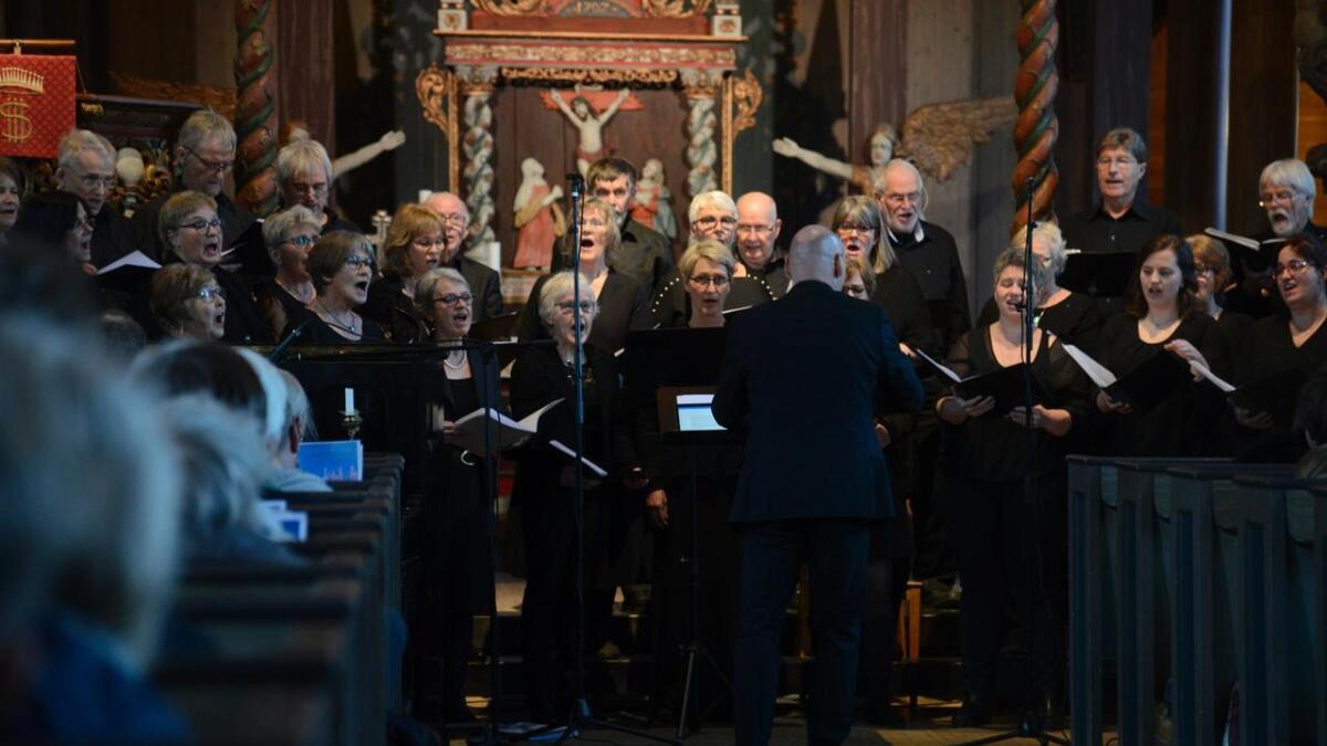 Ål-koret og dirigent Arild Rønsen begeistra publikum i ein time i Ål kyrkje.