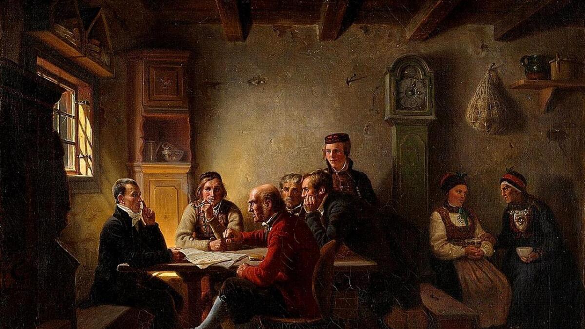 Adolf Tidemands maleri «Politiserende bønder» frå 1848. Biletet viser bøndene som politisk engasjerte, lesekunnige og diskuterande.