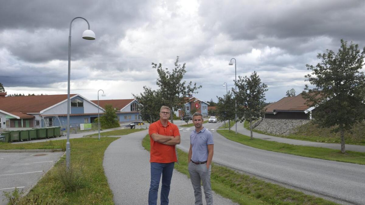 Leder og nestleder i Neskollen velforening, Per Olin (f.v.) og Magne Løvaas, reagerer på at kommunen har valgt å skru av veglysene.