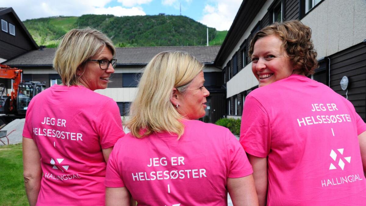Sidan 2015 har Hallinghelse vore i drift som eit interkommunalt samarbeid. Tysdag sa eit knapt fleirtal i Gol, ja til å vidareføre og utvide prosjektet. Biletet er frå eit «kickoff» med helsestasjonane. F.v. leiande helsesyster i Flå, Siv Merethe Glesne, prosjektleiar Gunhild Ween Helberg og rådgivar i Hallinghelse, Gunhild Hustad, som alle har fått nye T-skjorter.