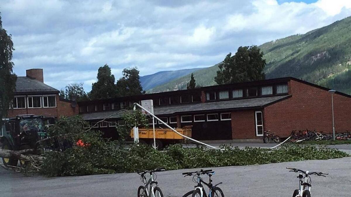 Eit bjørketre bles ned på skuleplassen ved Nes barneskole, og knekte flaggsonga. Ingen vart skadde i hendinga.