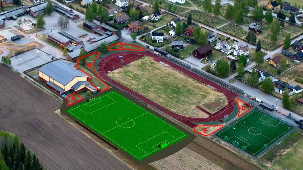 Skissa viser korleis den planlagte kunstgrasbanen på Nesbyen Idrettssenter kan byggjast ved sida friidrettsbanen og grasbanen der.