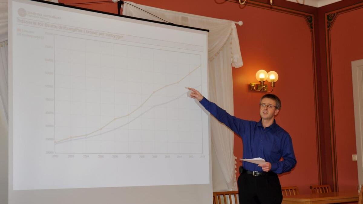 Økonomisjef Espen Grimsland viser den økonomiske utviklingen i Lillesand kommune.