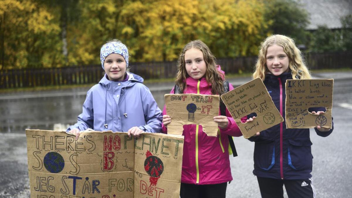 Aurora Strasser Gjeldokk, Eira Dahle Stavanes og Una Lystad Linderud i sjuande klasse streikar for miljøet.