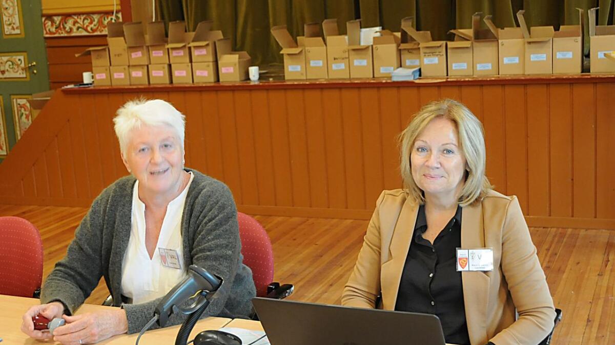 Aase Venås (t.v) trur at me vil sjå ei auke i valdeltakinga i år. Ho og Karin Susanne Lauvstad opplever at mange fleire unge enn tidlegare har vore og stemt.