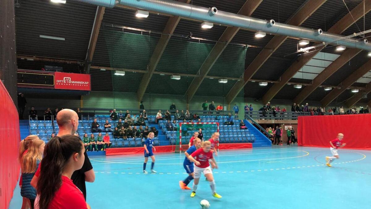 Futsalen har fått fotfeste, også i Hallingdal. Jentene på bildet er J13 sin kamp mot puljeleder Haugsbygd i Drammen sist helg. Keeper Tinni Møllerplass, bak i forsvar er Celina Andersen, Hanne Bråten-Espe. På motsett side er Mari Sætre Jensen og Ingrid Majormoen.