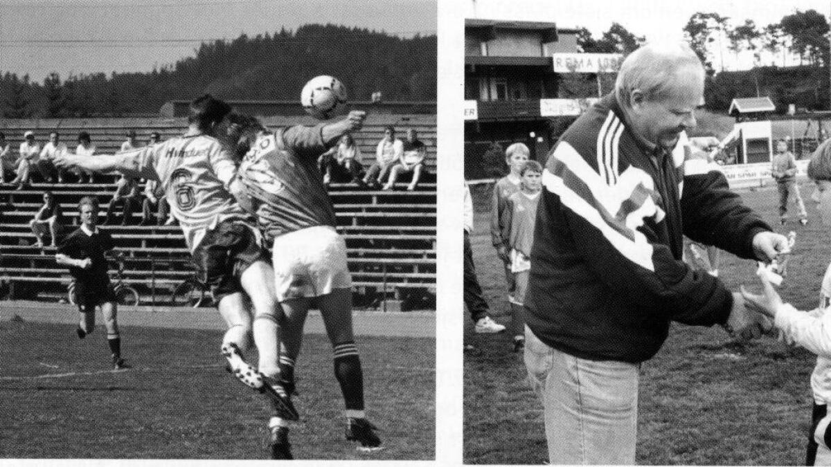 T.v. - Audun Berntsen i kamp mot Klepp i 2. divisjon. T.h .- NFF-president Odd Flatum deler ut pokal til Os-spelaren Tommy Hjelle under Gatecupen i 1994.