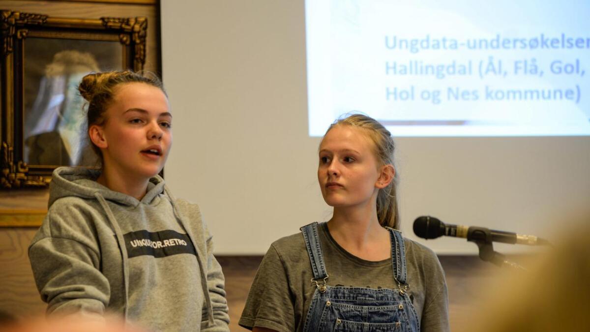 Juliane Lerberg Gudbrandsgard (t.v.) og Inga Stoveland Dekko presenterte Ungdata 2017 for Ål kommunestyre 15. juni, ei undersøking som blant anna viser at mobbing har auka som problem i Ål ungdomsskule.