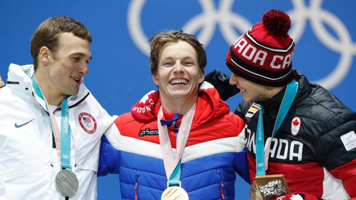 Gullmedaljen i slopestyle gjekk til Øystein Bråten. Her saman med Nick Goepper frå USA (t.v.) og bronsemedaljevinnar l Alex Beaulieu-Marchand frå Canada.