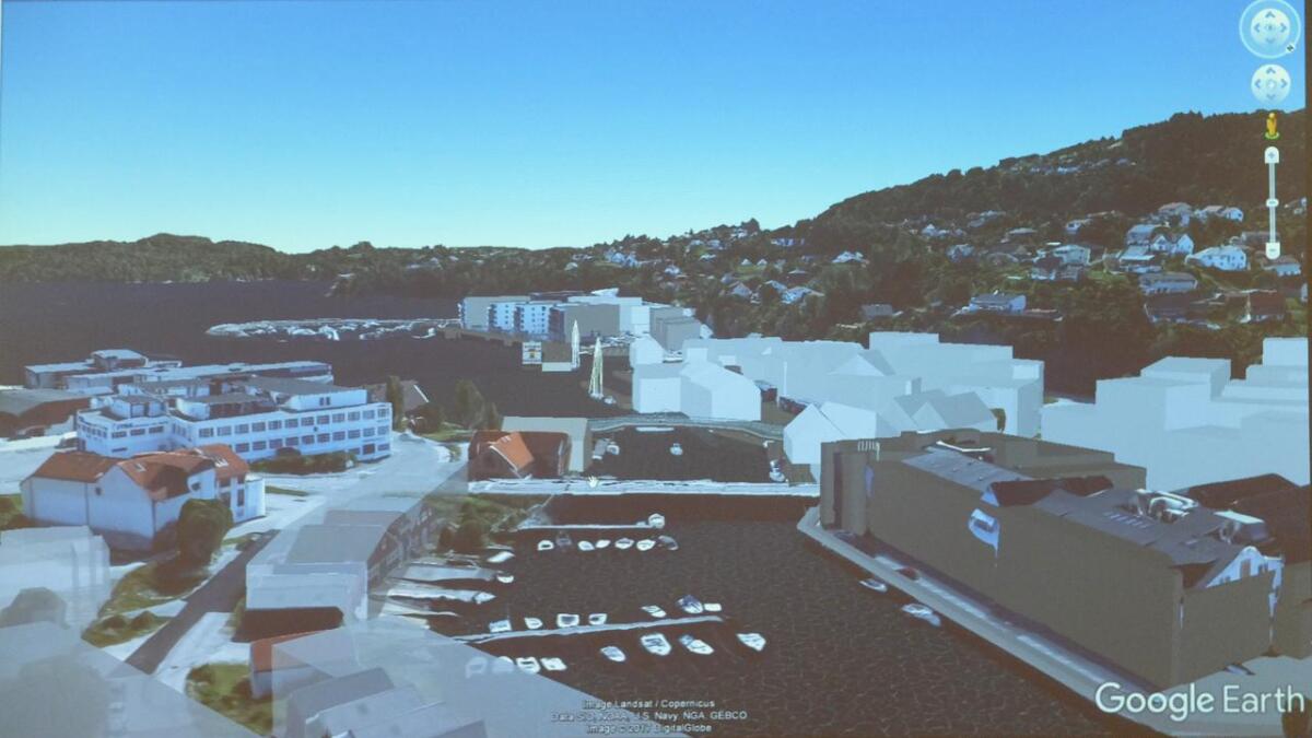 Dei kvite boksane står for nye bygg og bustader planlagt på Osøyro. Illustrasjonen vart vist fram på PBU sin fagdag på fredag.