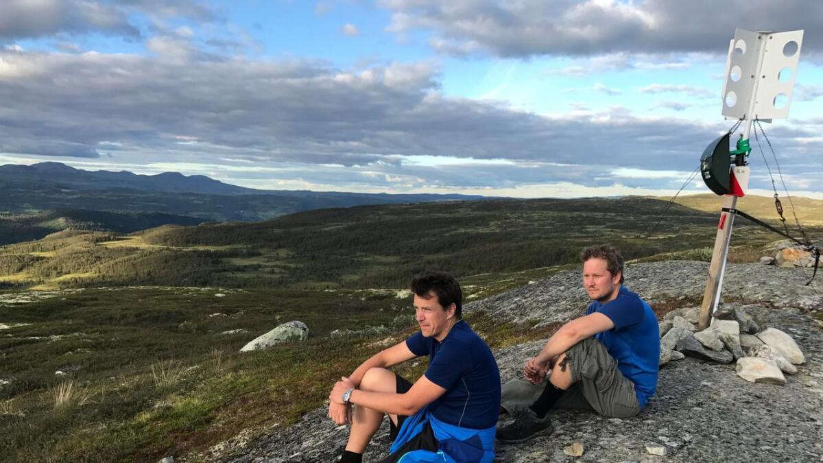 Morgan Slåtto (f.v.) og David Andersen fullførte heile turprogrammet «Ti turfavorittar i Ål» i løpet av éin dag. Her er dei fotografert på toppen av den nest siste turen, Skurvehovda i Kvinnegardslia.