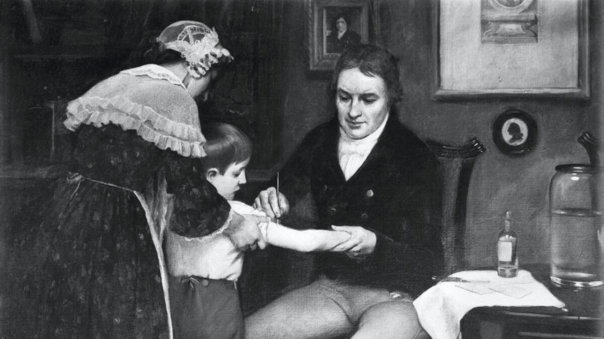 Dette måleriet viser Edward Jenners vaksinering av fattigguten James Phipps 14. mai 1796. Det er måla av  E. Board og heng i Welcome Museum i London.