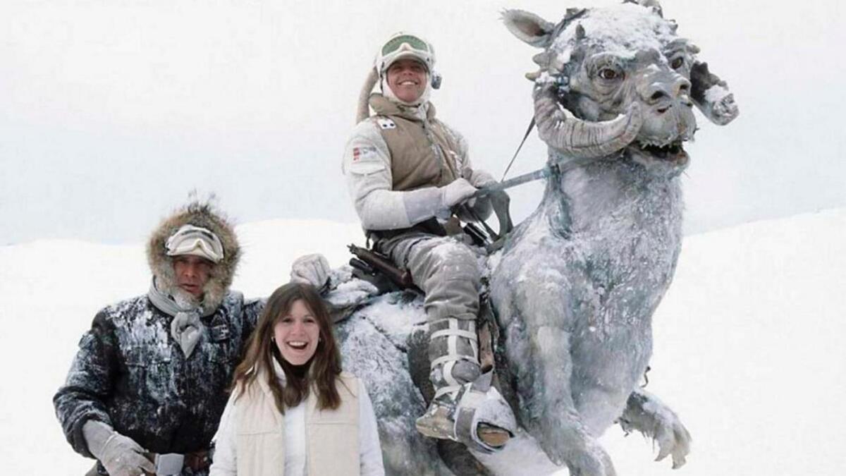 Harrison Ford, Carrie Fisher og Mark Hamill under Star Wars-innspelinga på Finse i 1979.