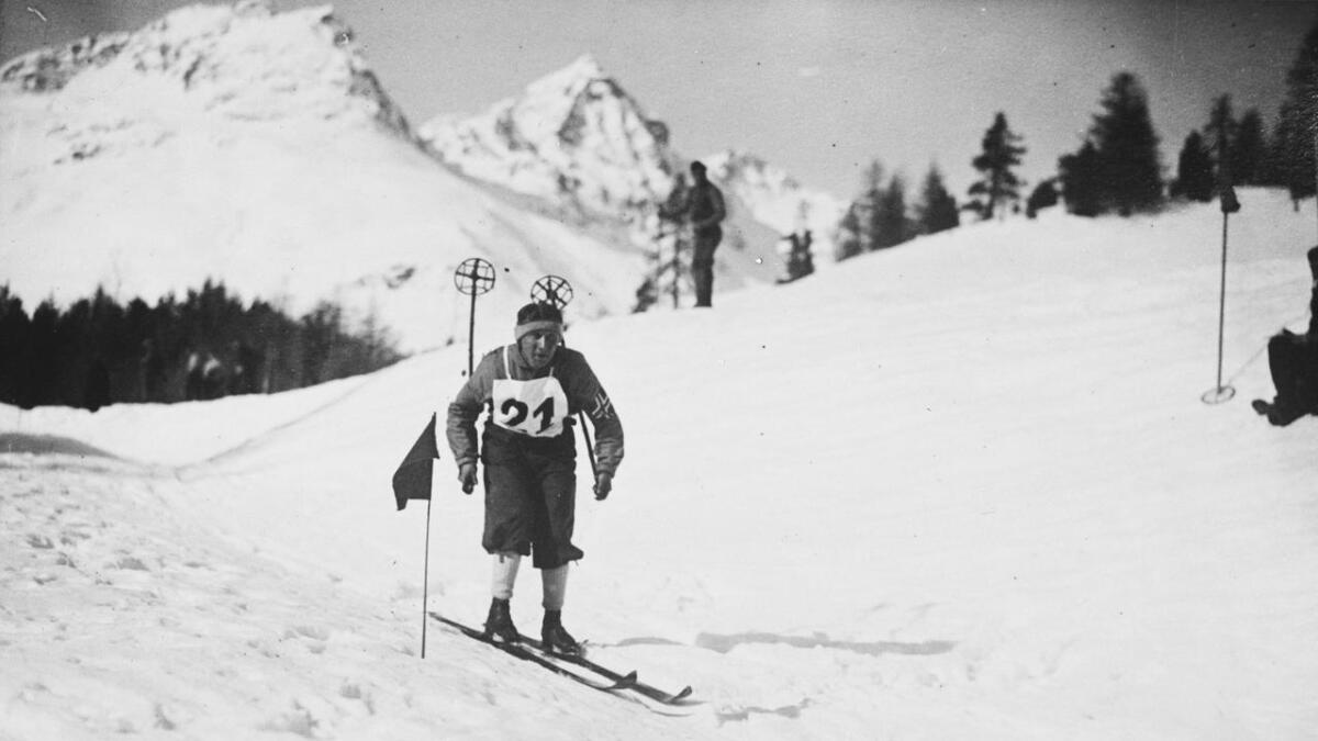 John «Snerten» Snersrud på veg mot bronse i kombinert i OL i St. Moritz i 1928.