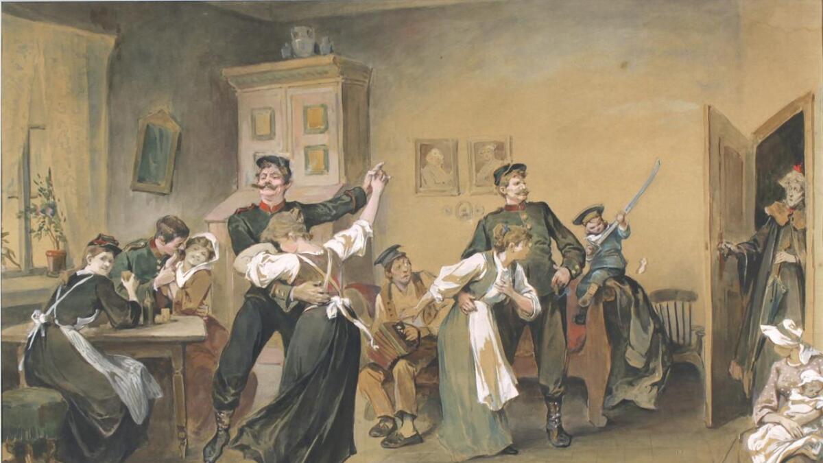 «Dans på lemmen» frå 1895 er eit slåande døme på Nils Bergslien sin måte å skildra folkelivet på.