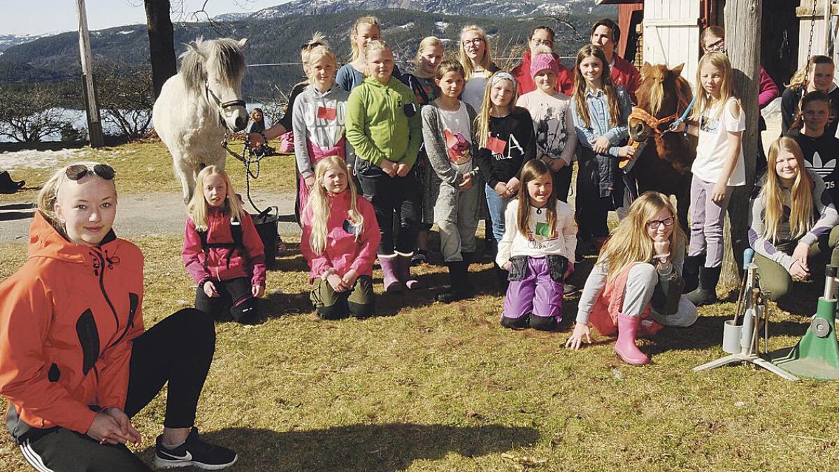 Unge 4H-arar frå Telemark og leiarar for kurset var sundag på Nordbø gard i Nissedal. Trenissen-leiar Helene Dahle (16, t.v.) var blant dei som hjelpte til gjennom helga.