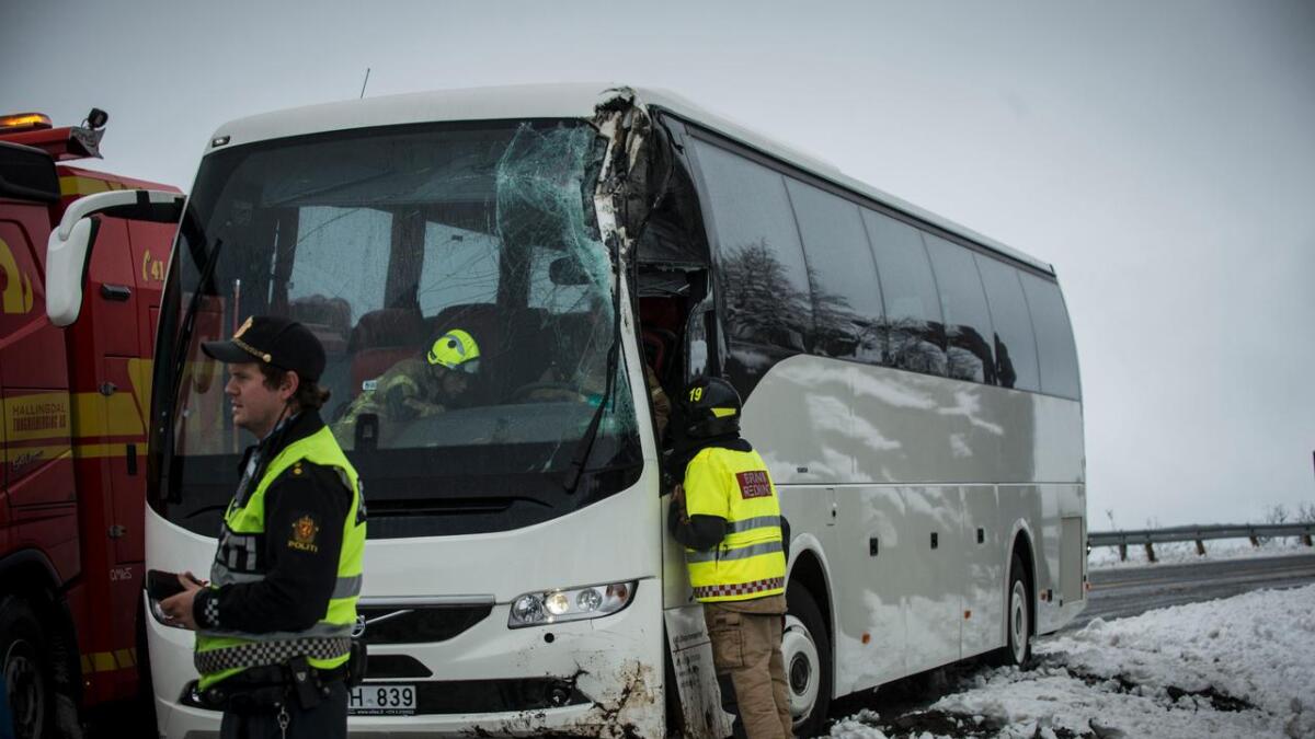 Ein buss med 28 utanlandske turistar køyrde av vegen mellom Haugastøl og Ustaoset onsdag ettermiddag.