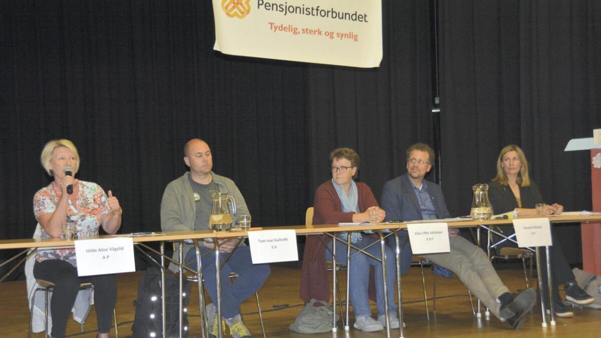 Hilde Alice Vågslid (Ap) (f.v.), Tom Ivar Gullseth (SV), Ellen Ofte Jakobsen (KrF), Jarand Felland (SP) og Benedikte Nes (MDG).