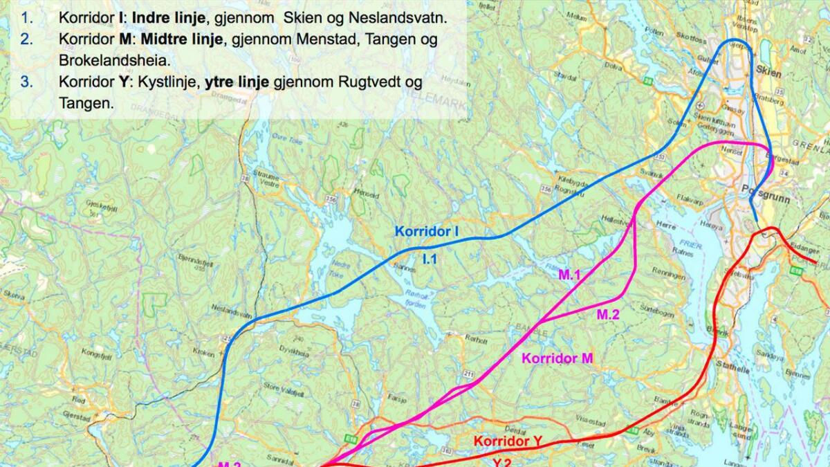 De tre korridorene som Jernbaneverket har lagt fram for Grenlandsbanen. Foreløpig er ingen valg tatt.