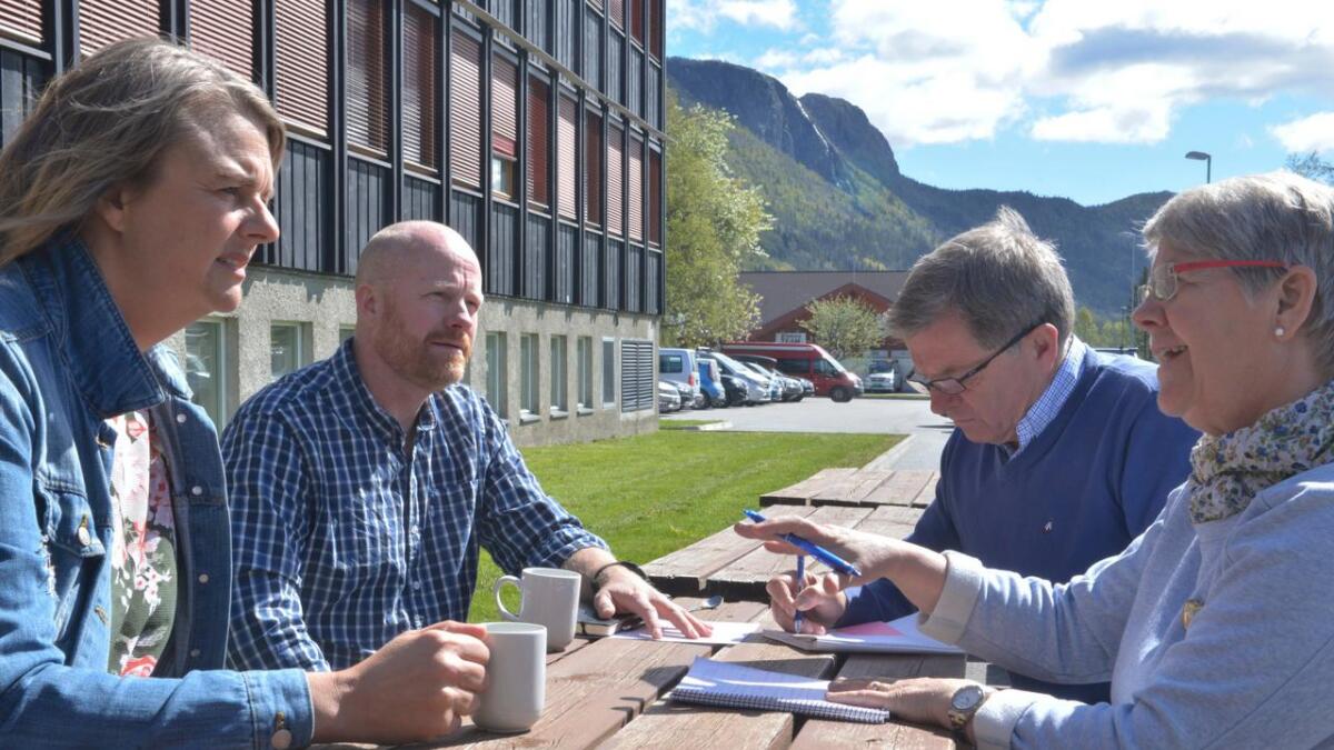 Politikarane jobba i grupper for å finne konstruktive forslag. F.v. Janne Brøndbo (Ap), Pål Rørby (Sp), Ove Fekene (HBL) og Tove Eggen Lien (Sp).