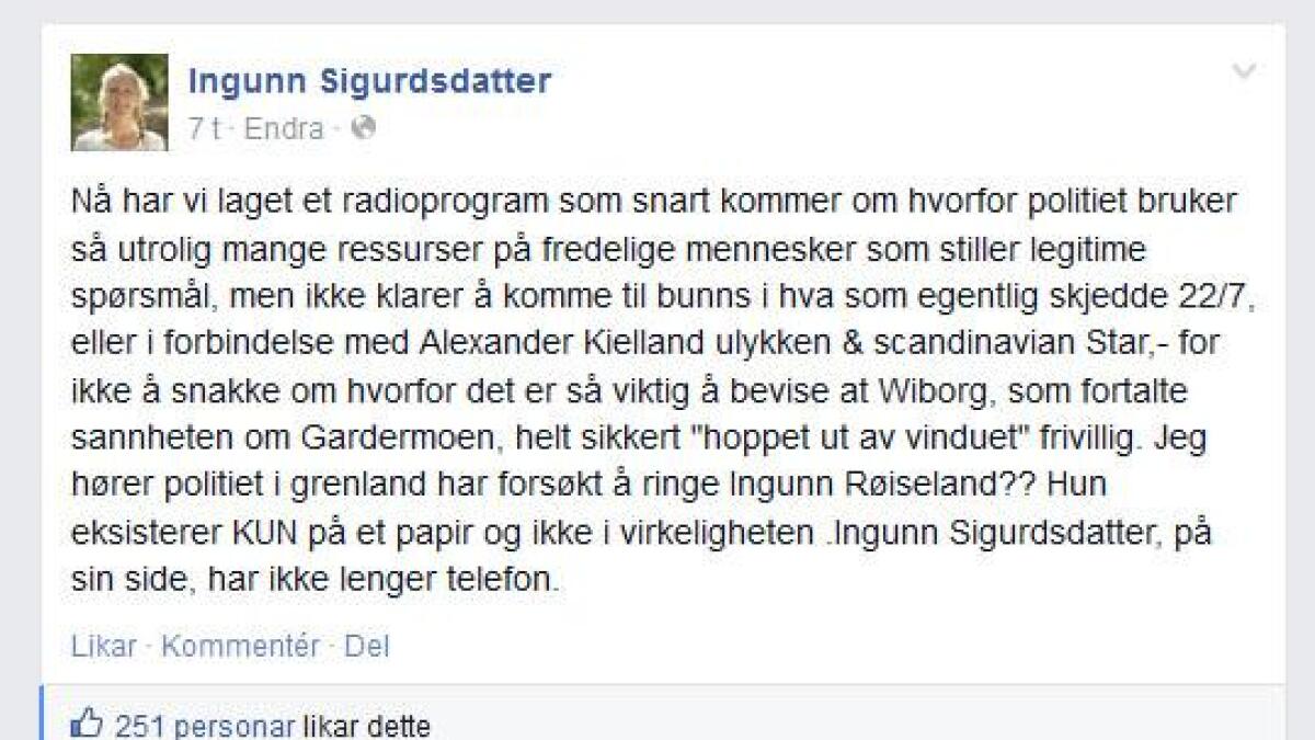 Slik kommenterer Ingrunn Røiseland utkastelsen på sin egen Facebookprofil, under navnet Ingunn Sigrudsdatter.