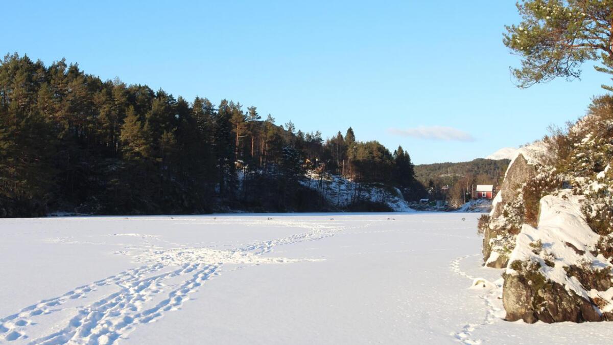 I nordenden av vatnet er isen utrygg. Grensa er markert med kvist.