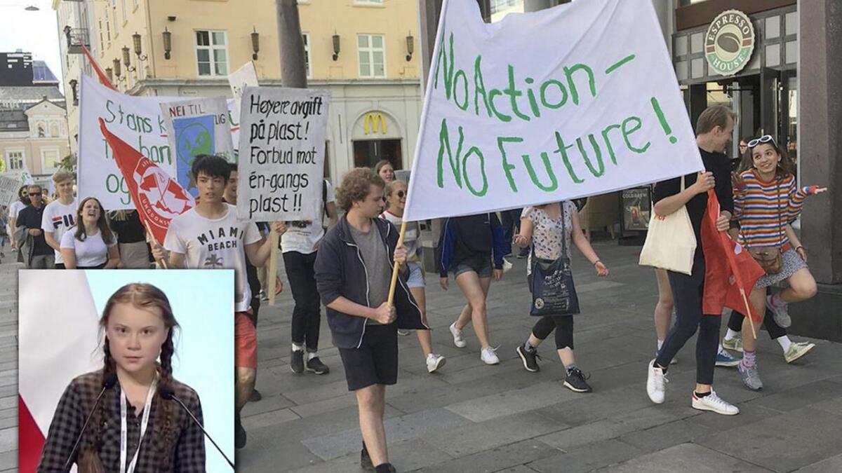 Ungdom verda rundt er inspirert av Greta Thunberg (innfelt), den svenske skulejenta som no er 16 år og som i haust starta skulestreik for klima i Sverige. Her frå ein demonstrasjon i Bergen 5. juni i fjor.