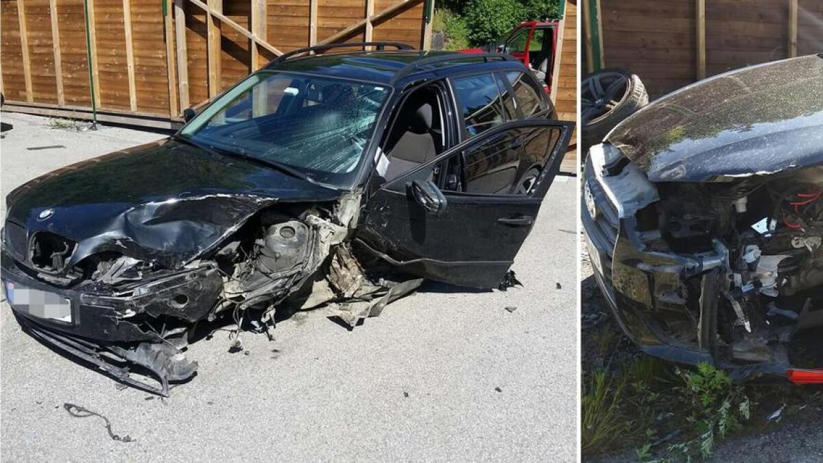 Begge bilene fikk så store skader at de blir kondemnert. Til venstre BMW-en som kom over i feil kjørefelt, til høyre Audien hvor Mari Camilla Lyngholt og datteren på fem år satt.